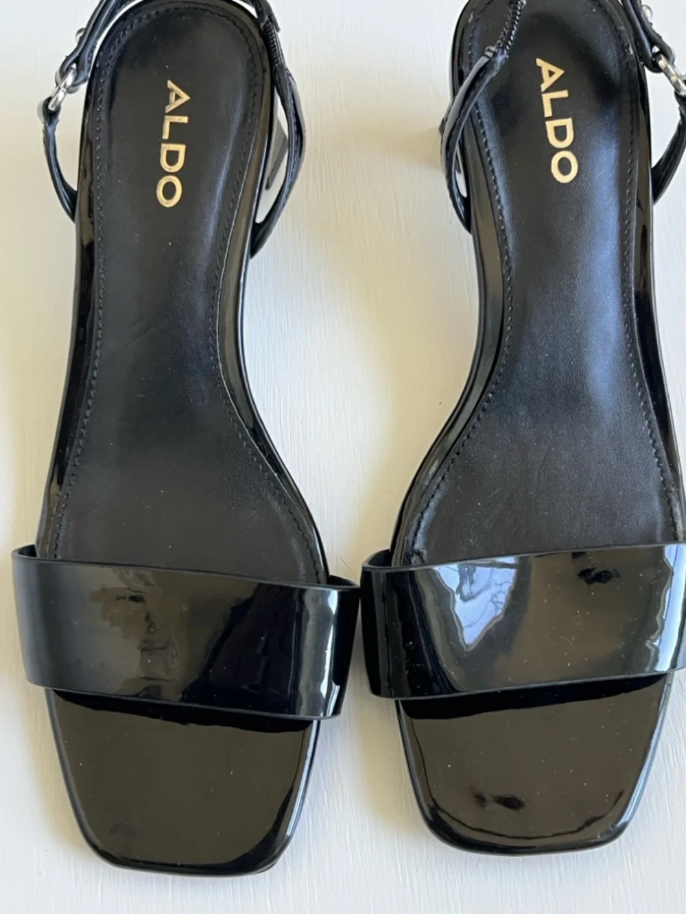 Aldo Black Patent Square-Toe Ankle Strap Heels
